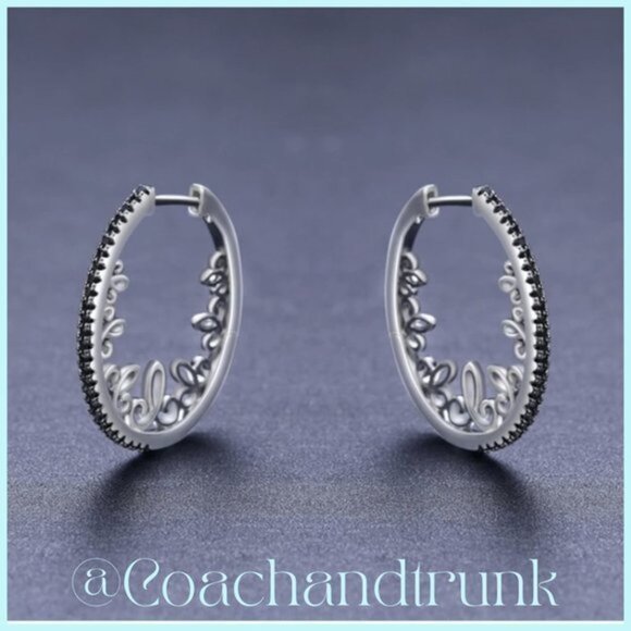 Filigree Silver Black Spinel Sim Channel Set Vintage Style Hoop Earrings NWT - Picture 4 of 6